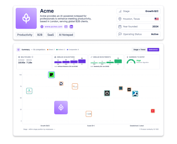 A company mapped against its direct competitors on a growth-and-scale scatter map
